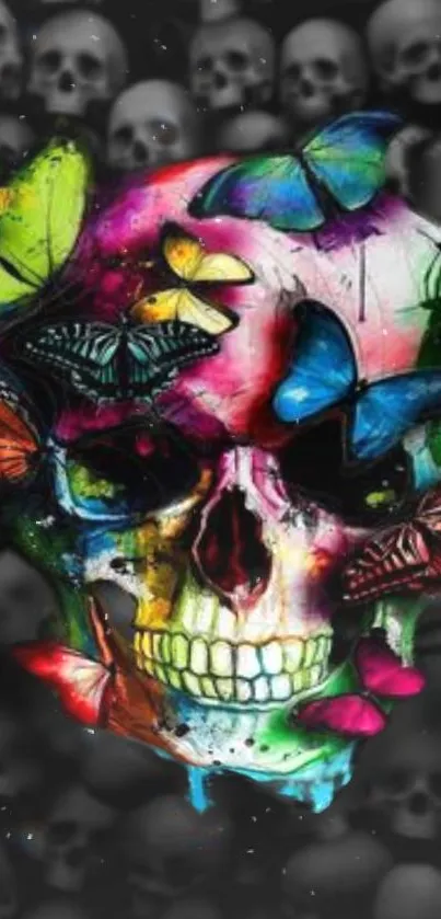 Colorful skull with butterflies wallpaper design.