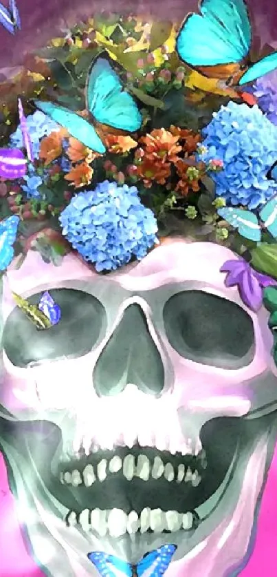 Skull with butterflies and flowers on a vibrant purple background.