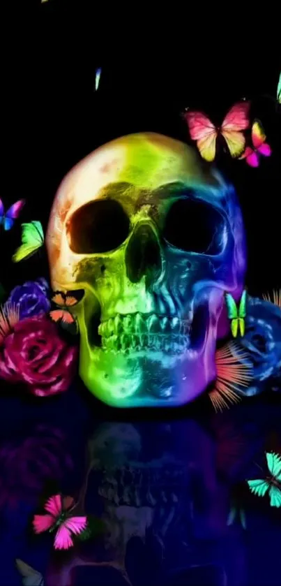 Vibrant skull with colorful butterflies and flowers on black background.