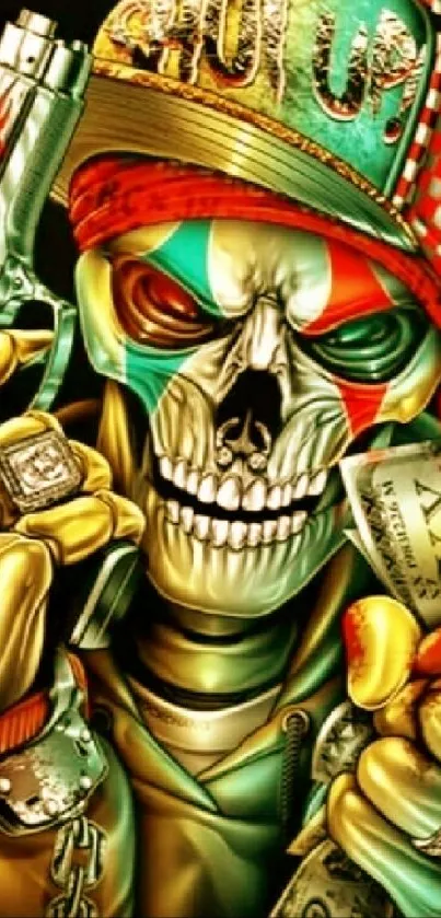 Colorful skull holding cash with vivid artistic design.