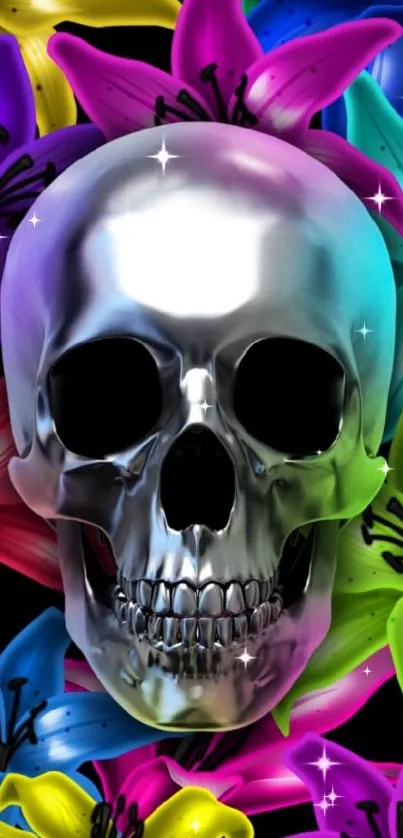 Colorful skull with vibrant flowers background