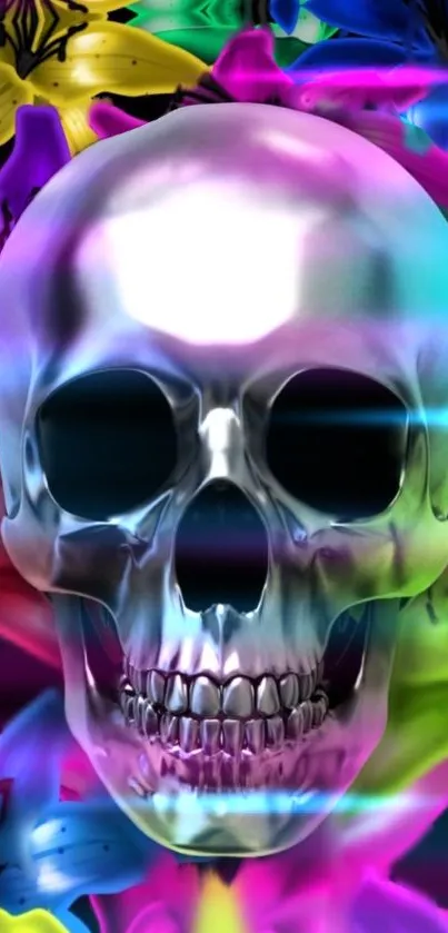 Colorful metallic skull with neon flowers.