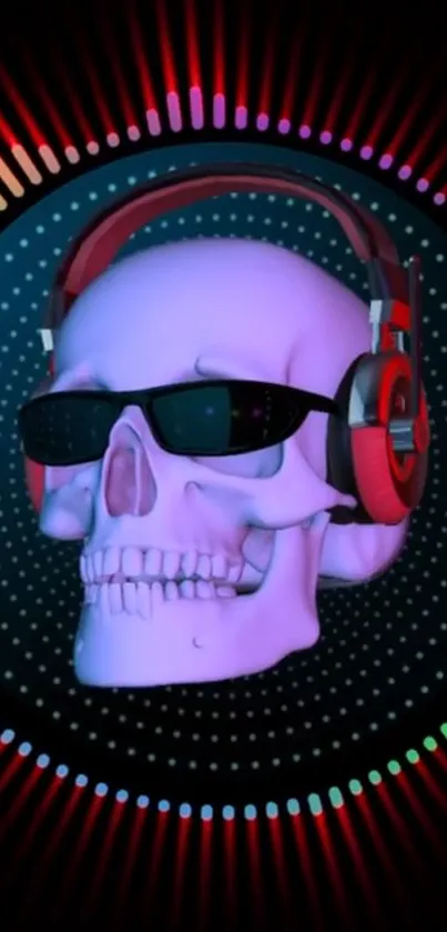 Purple skull with headphones on a soundwave background wallpaper.