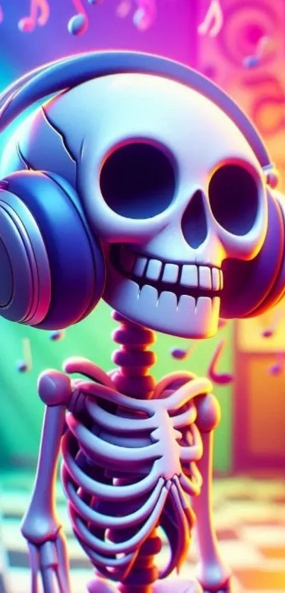 Colorful skeleton with headphones and musical notes.
