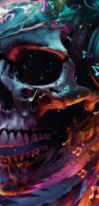 Vibrant skull with headphones and musical notes wallpaper.