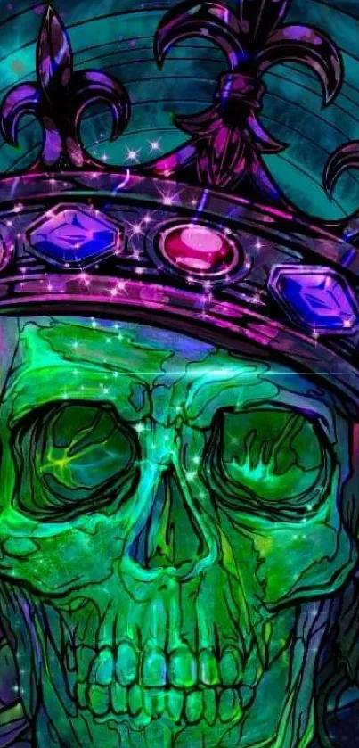 Vibrant green skull with jewel-encrusted crown on a colorful background.