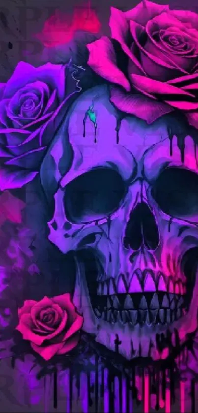 Gothic skull with vibrant pink roses and purple background.