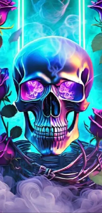 Vibrant neon skull with purple roses and smoke.