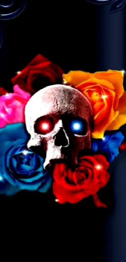 Colorful skull with roses on black background