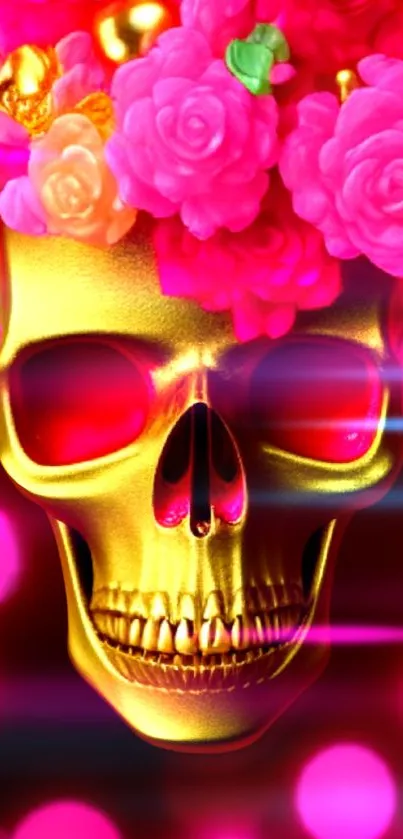 Golden skull with pink roses on a vibrant background.