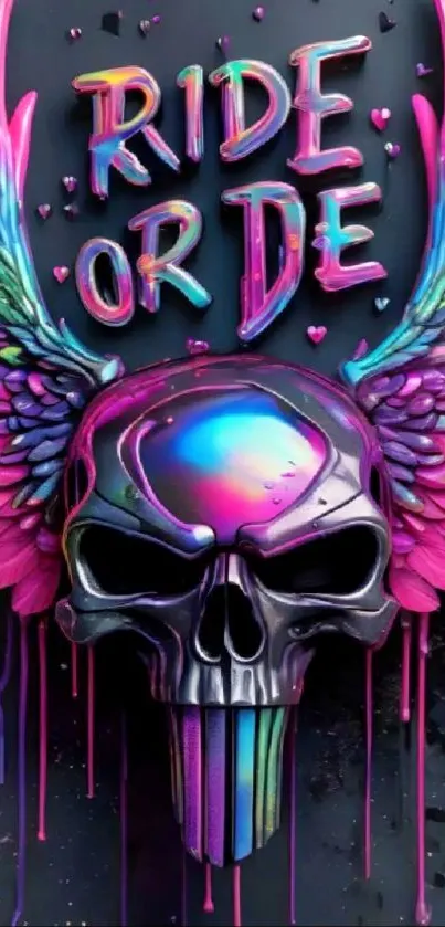 Vibrant skull with colorful wings on dark background.