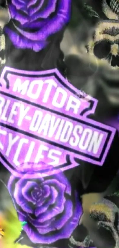 Purple roses and skulls with Harley-Davidson logo design.