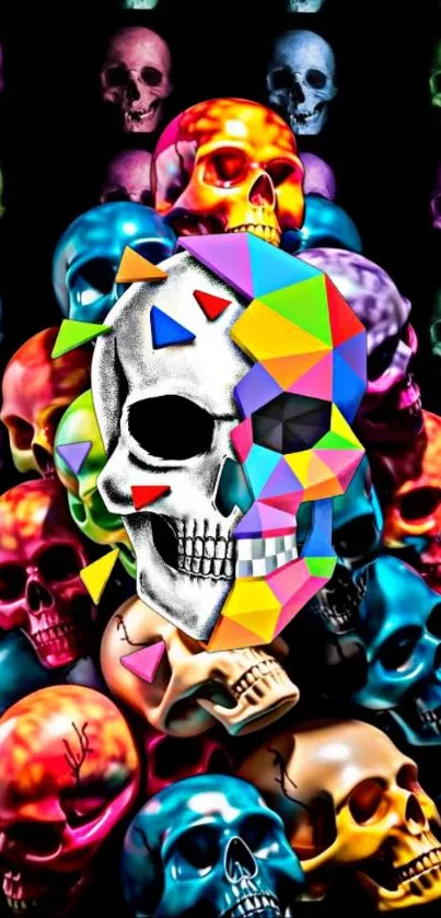 Colorful skulls with geometric patterns on black background.