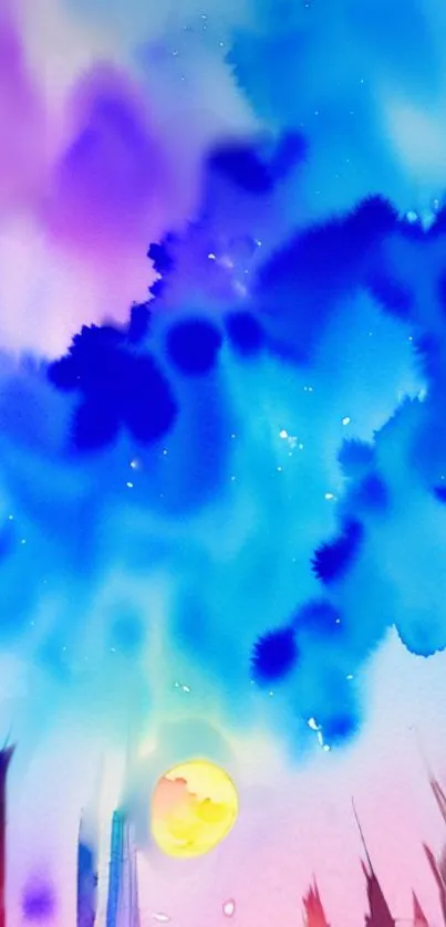 Vibrant abstract wallpaper with blue and purple sky tones, inspired by watercolor art.