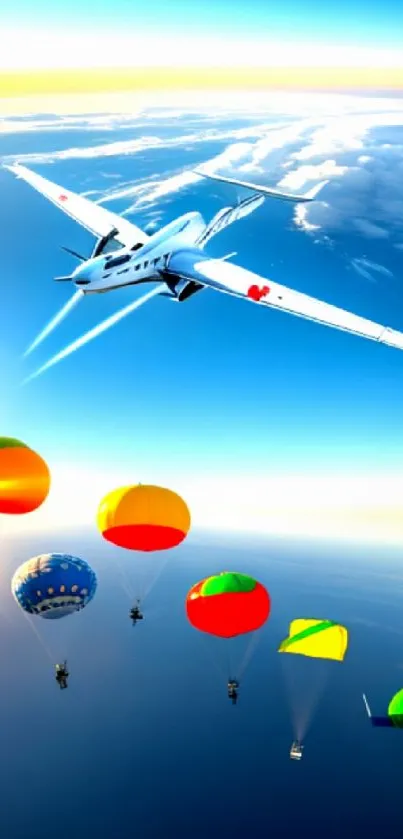 Airplane and colorful balloons soaring through a vibrant blue sky.