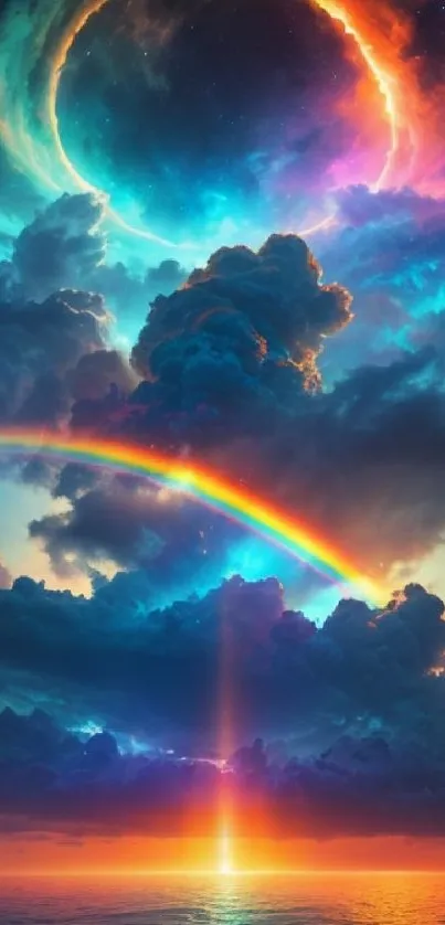 Vibrant sky and ocean wallpaper with rainbow and clouds.