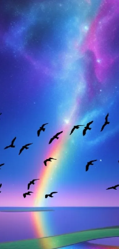 Vibrant starry sky with rainbow and bird silhouettes over water.