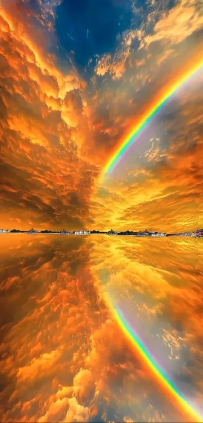 Vibrant sunset sky with rainbow reflection.