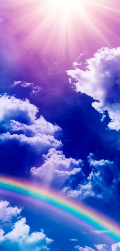 Vibrant sky with rainbow and clouds under sunshine.