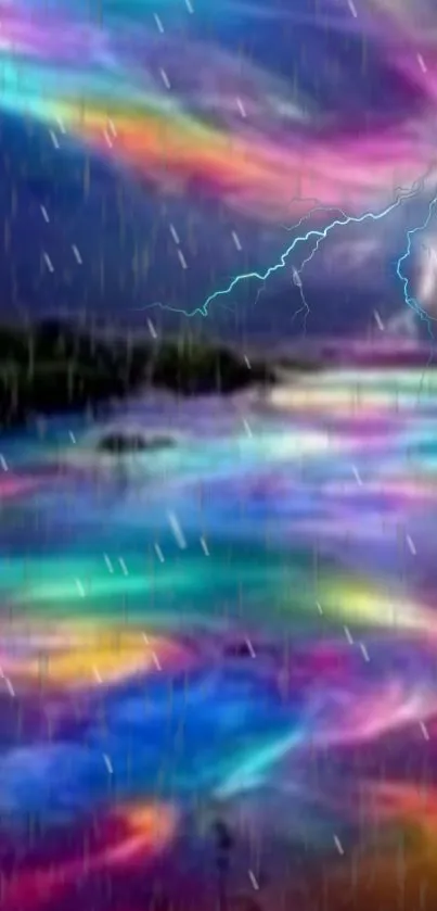 Colorful river and sky with lightning.