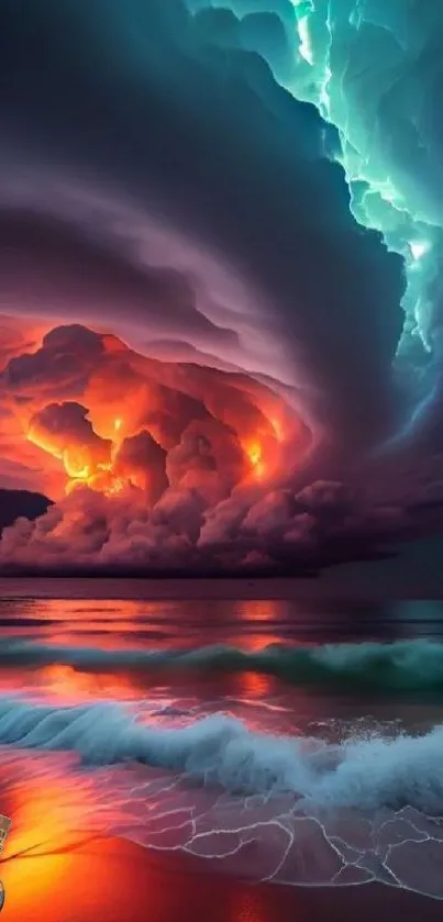 Dynamic fiery cloud over ocean wallpaper.