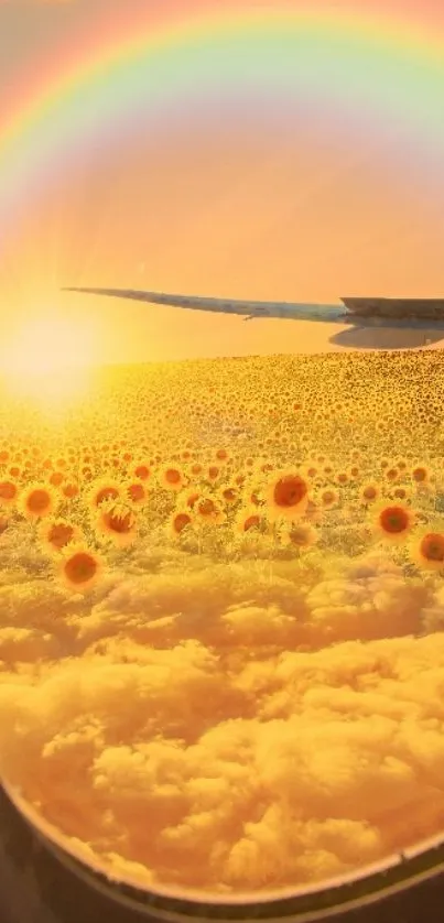 Airplane window view with sunflowers, rainbow, and sunset sky.