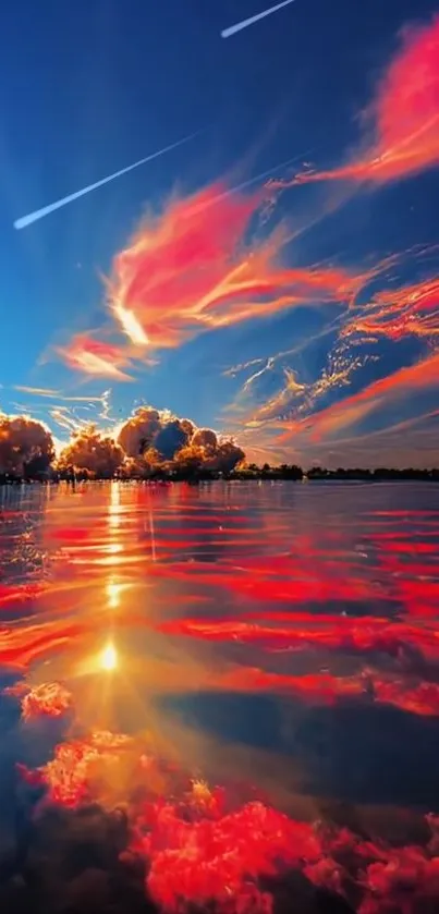 Vibrant sunset sky with fiery clouds reflecting on calm water.