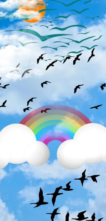 Mobile wallpaper of a sky with clouds, birds, and a rainbow.