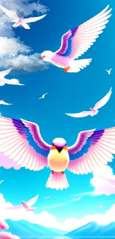 Colorful birds soaring in a blue sky, surrounded by pink clouds.