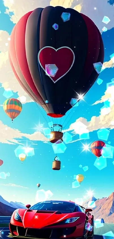 Red car beneath hot air balloons in blue sky.