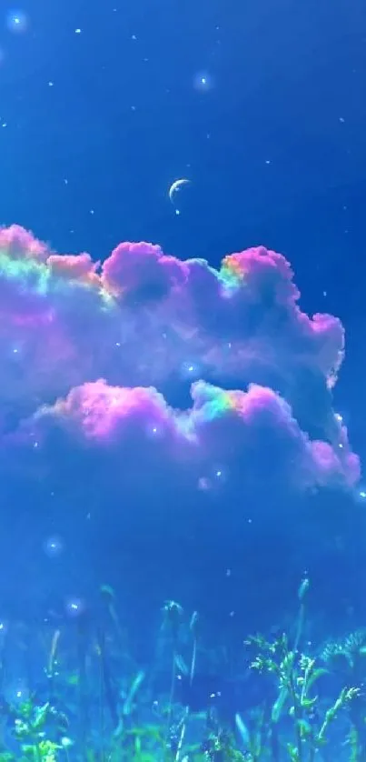 Vibrant blue sky with rainbow clouds and crescent moon wallpaper.