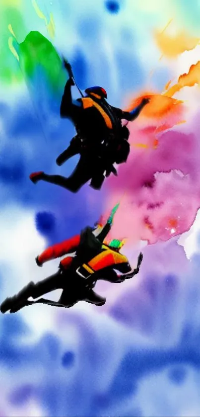 Colorful sky divers in artistic watercolor style wallpaper.