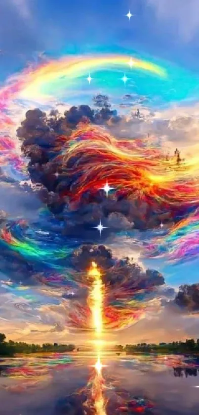 Colorful fantasy sky with swirling clouds.