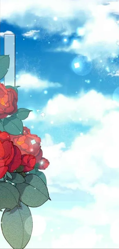 Floral wallpaper with red roses and a serene blue sky.