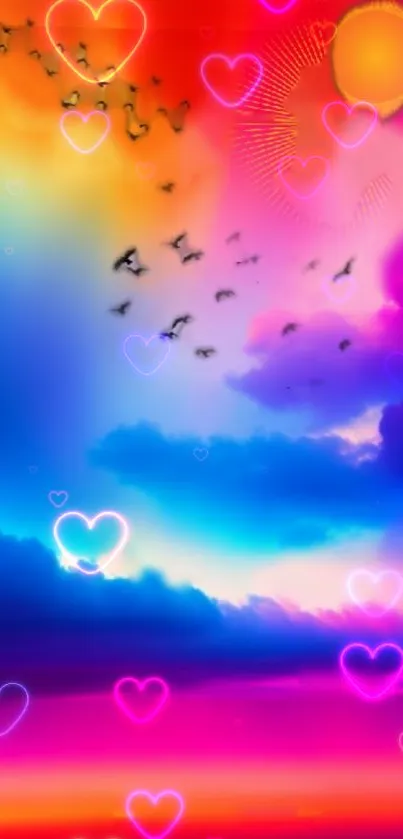 Vibrant neon sky wallpaper with hearts, birds, and a colorful sunset.