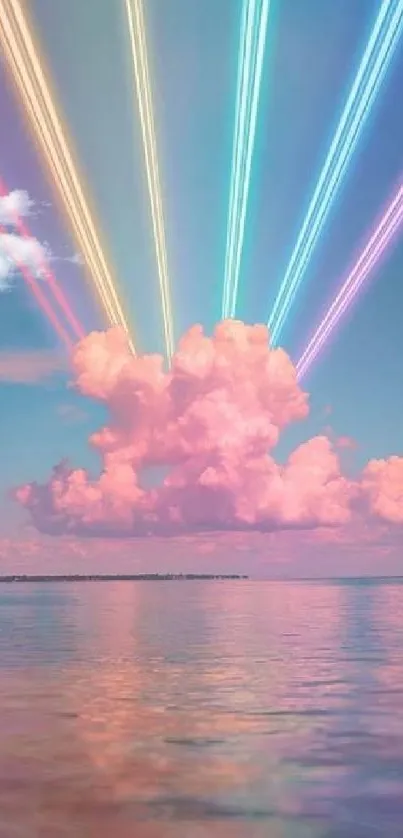 Vibrant laser beams from clouds over a serene sea.