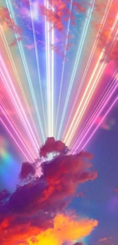 Vibrant sky with colorful laser beams and clouds wallpaper.