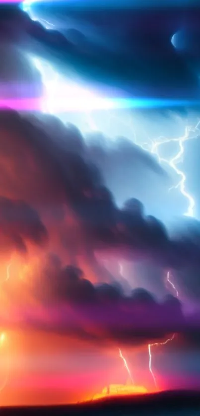 Vibrant sky artwork with colorful lightning and clouds.