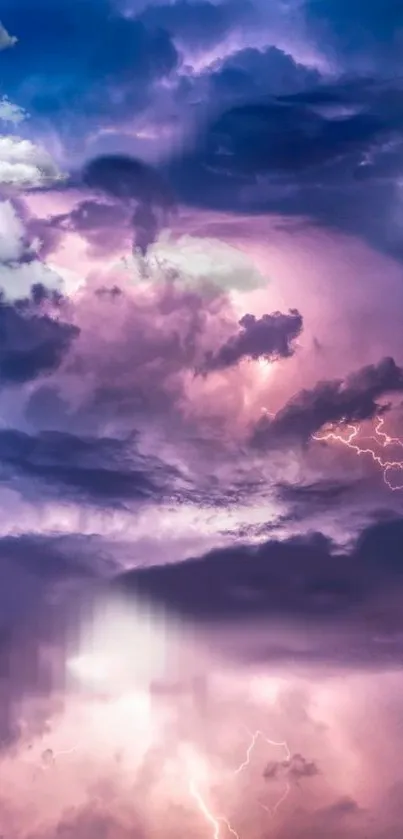 Vivid lightning storm with purple and pink clouds in the sky.