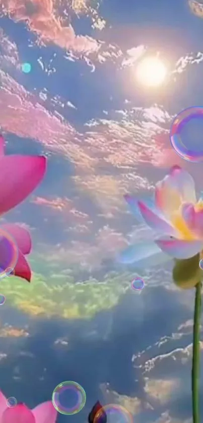 Lotus flowers bloom under a colorful sky with a glowing sun.