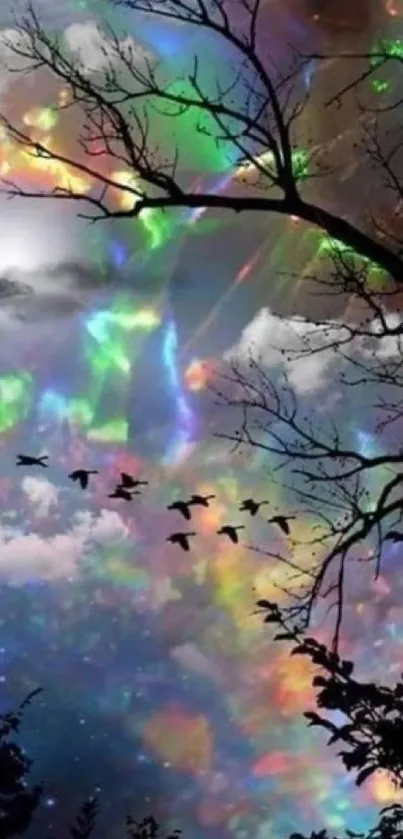 Colorful sky, birds flying, silhouetted trees in vibrant nature wallpaper.