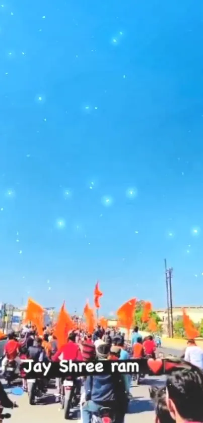 Parade with orange flags under a starry sky wallpaper