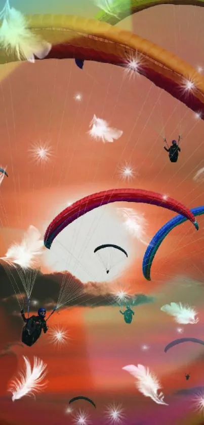 Colorful paragliders in a vibrant sunset sky with floating feathers.