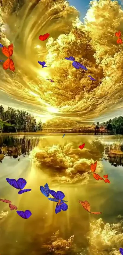 Vibrant sky and clouds reflecting on a lake with colorful butterflies.