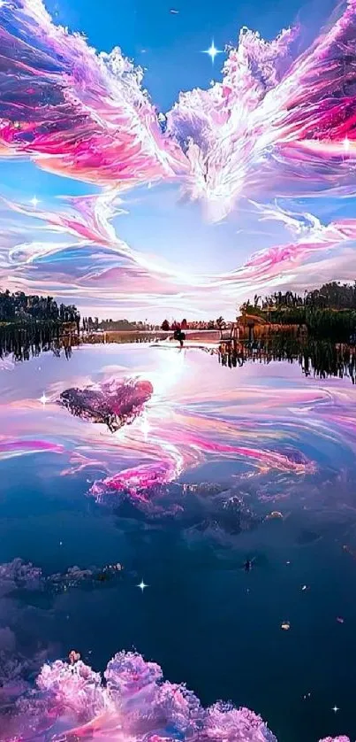 Vibrant pink clouds reflecting over a serene lake in a stunning mobile wallpaper.