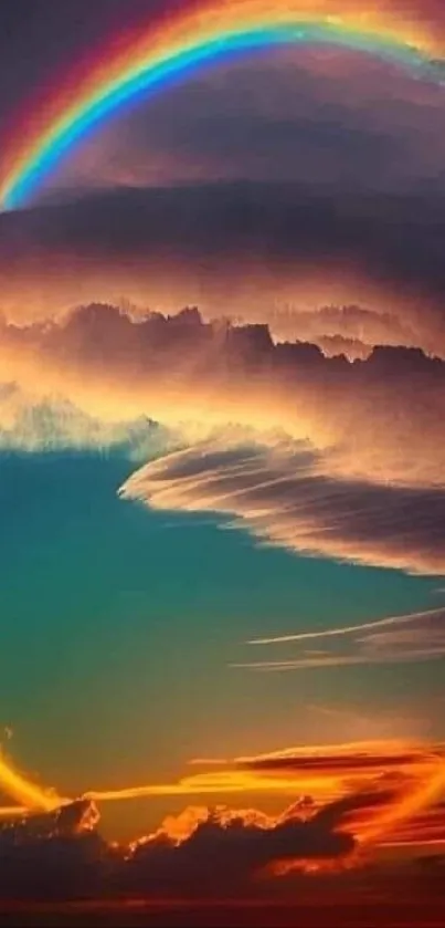 Vibrant rainbow light ring in cloudy sky at sunset.