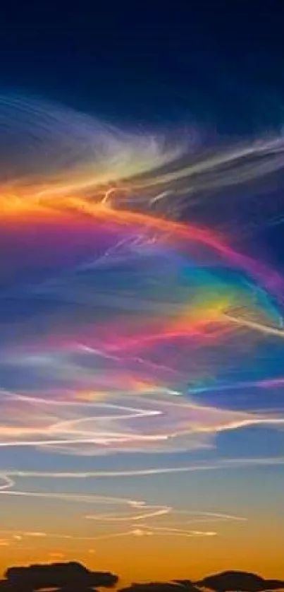 Colorful rainbow clouds in a deep blue sky.