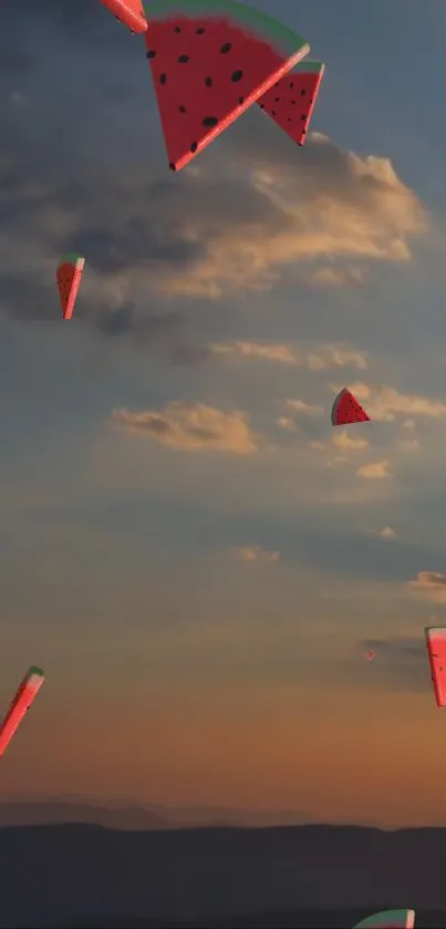 Floating watermelon slices against a sunset sky wallpaper.