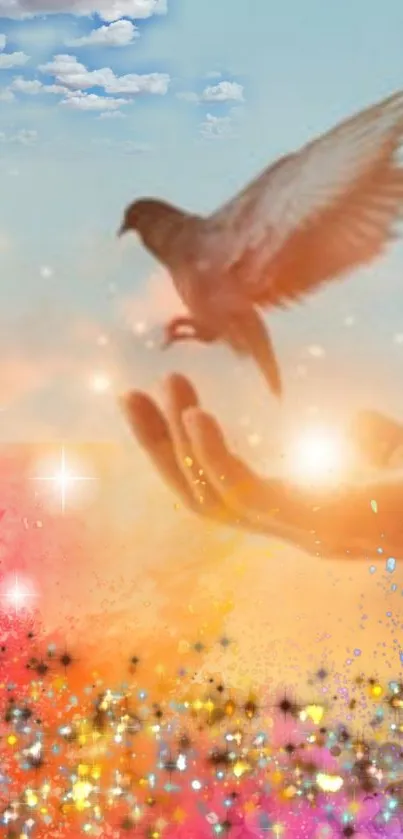 Vibrant wallpaper with a dove flying in a colorful sky.