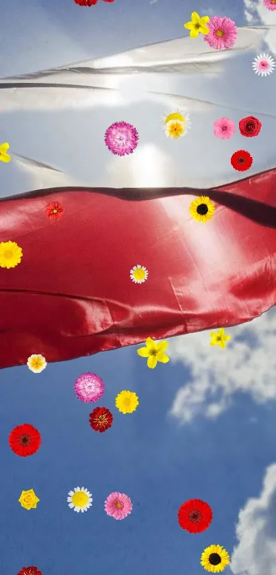 Vibrant sky with flags and scattered colorful flowers.